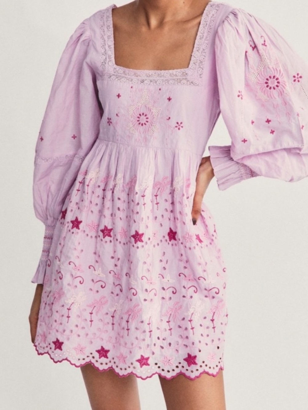 LOVE SHACK FANCY WOMENS FREJA EYLET MINI DRESS SIZE 2/PINK PURPLE PUFF SLEEVE